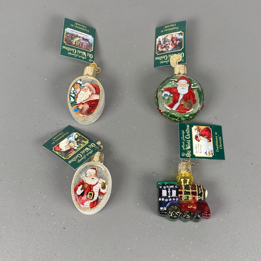 4 Old World Christmas Glass Ornaments Santa Train & Inside Art Hand Painted Set